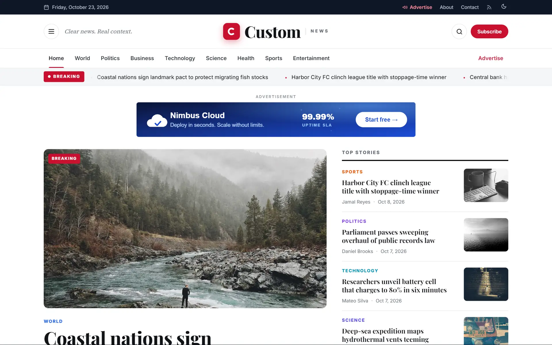 Home page of the Custom News template: masthead, section menu, breaking-news ticker, a banner advertisement, the lead story and the top stories