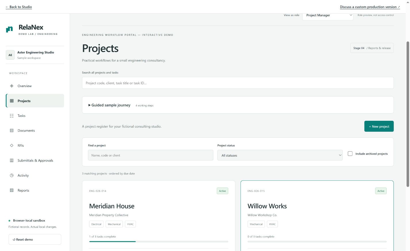 Real Engineering Workflow Portal screen displaying fictional sample records