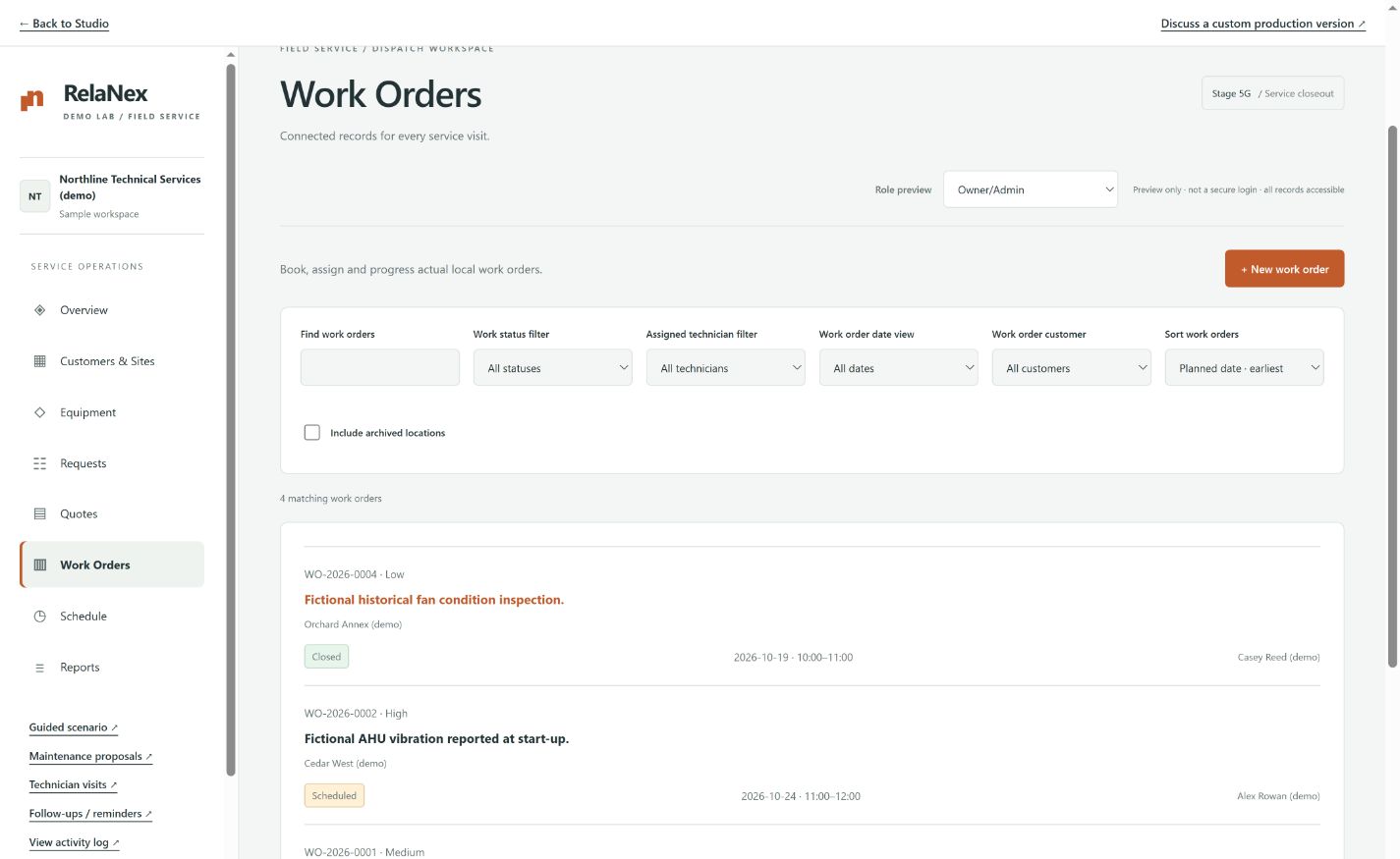 Real Field Service Management Portal screen displaying fictional sample records