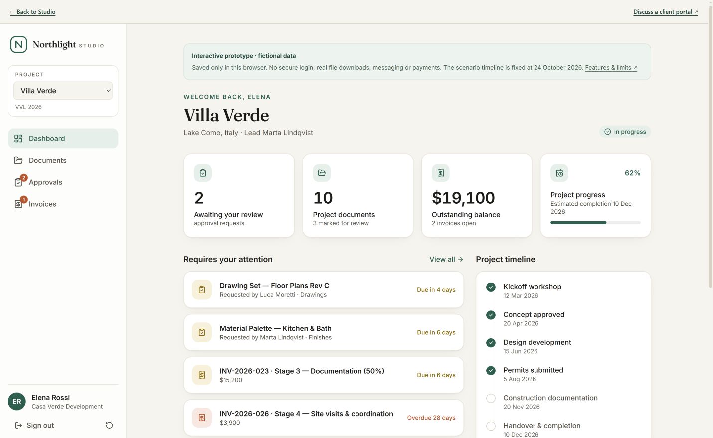 Real Northlight Client Portal dashboard with fictional Villa Verde project records