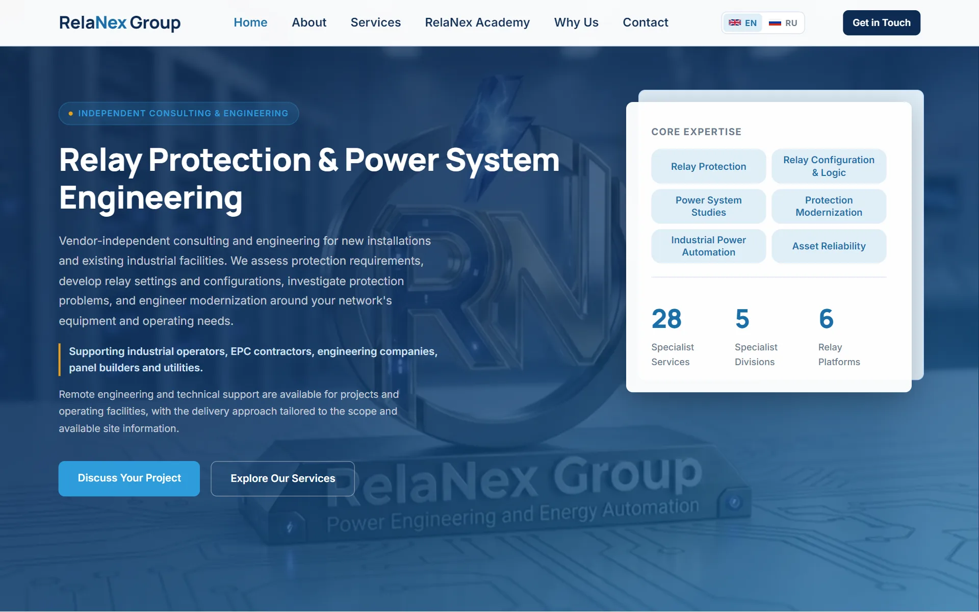 Home page of the RelaNex Group website: the headline Relay Protection & Power System Engineering, its core expertise, and 28 specialist services, 5 divisions and 6 relay platforms